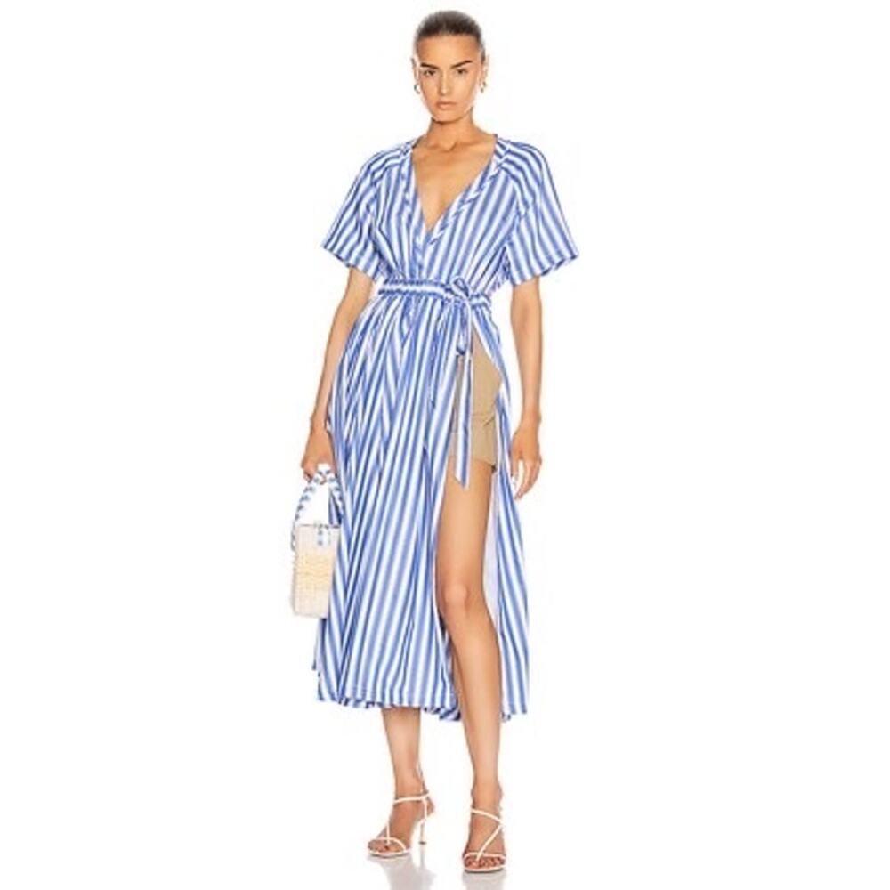 ROSIE ASSOULIN Blue White Striped Wrap Skort Side Slit V-Neckline Dress Size 6